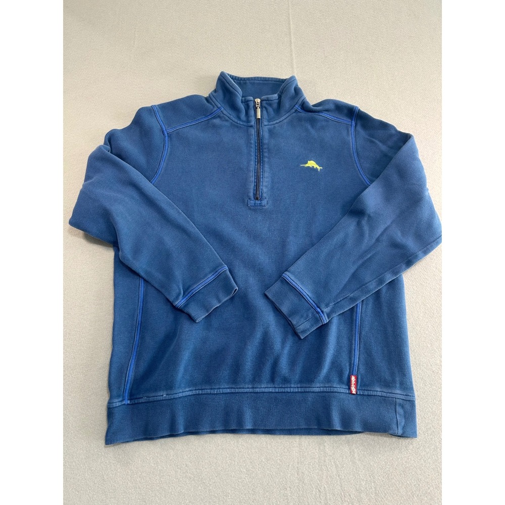 Tommy Bahama Quarter Zip Pullover Mens Small Blue‎ Relax Ribbed Cotton Marlin